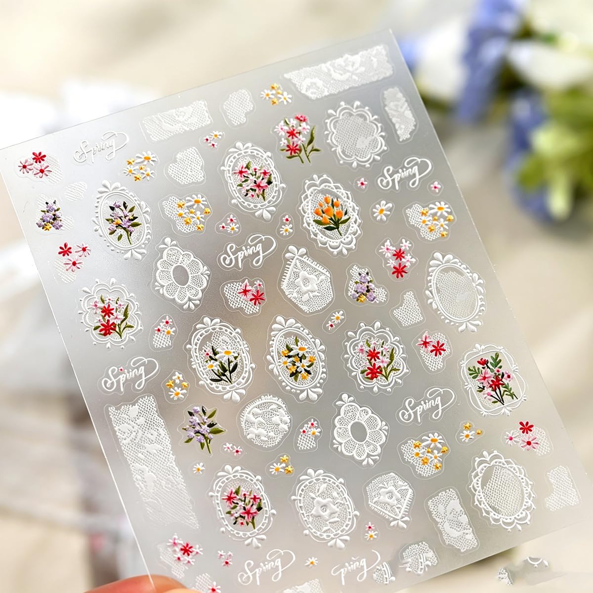 5D Embossed Nail Stickers Spring Summer Flower Nail Art Stickers Lace Frame & Floral Bouquet Nail Sliders Cute Self-Adhesive Nail Decals for Women Girls DIY Manicure, 1 Sheet