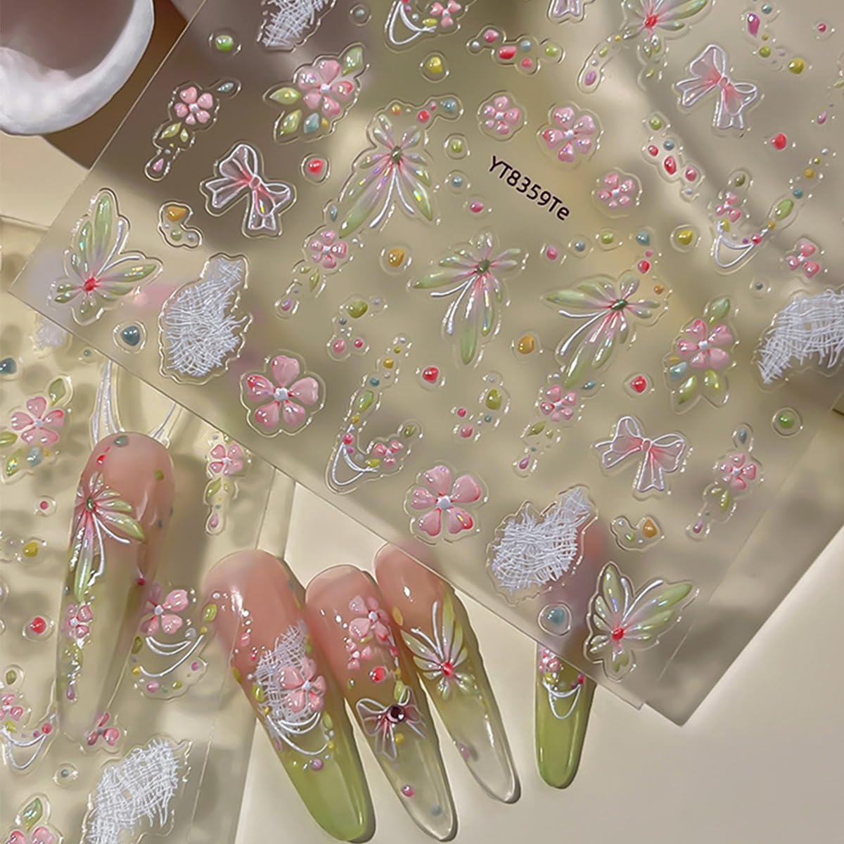 Spring Butterfly Nail Art Stickers Shiny Laser Flowers Butterflies Bow Design Nail Stickers 3D Self Adhesive Pink Green Cute Little Floral Nail Decals for Women Spring DIY Manicure 1Pcs