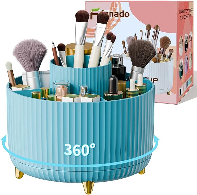 360ÃÂ° Rotate Makeup Brush Holder Organizer, Makeup Organizers Countertop, Makeup organization and Skincare Storage with Gift Box Packing for Vanity, Desktop, Bathroom (Blue)