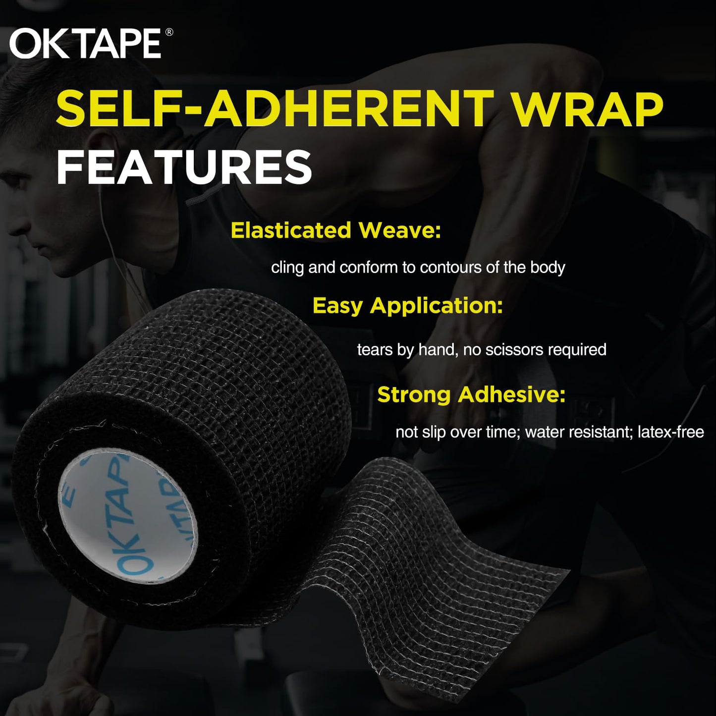 OK TAPE 12 Rolls Self Adhesive Bandage Wrap, Elastic Athletic Tape, Self Stick Bandage Tape, Vet Wrap, Medical Wrap for Wrist, Feet, 2" x 5 Yards - Black"