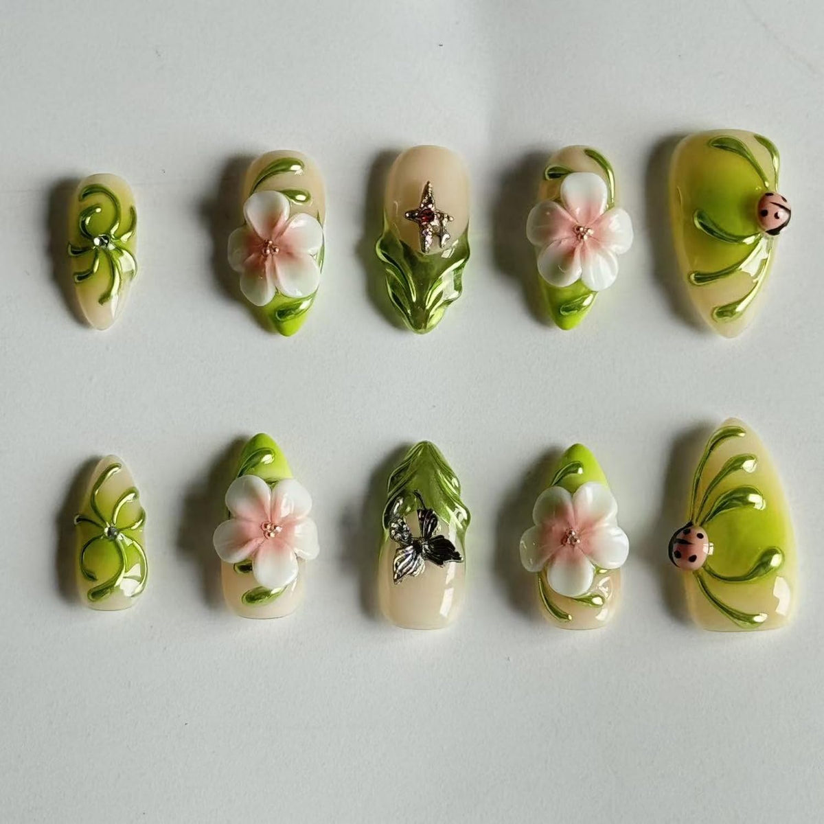 10pcs Green Press on Nail Almonds Shape Fake Nails 3D False Nails with Flower Beetle Butterfly design Handmade Glue on Nails Reusable Acrylic Stick on Nail for Women Summer Manicure Decor （m size）