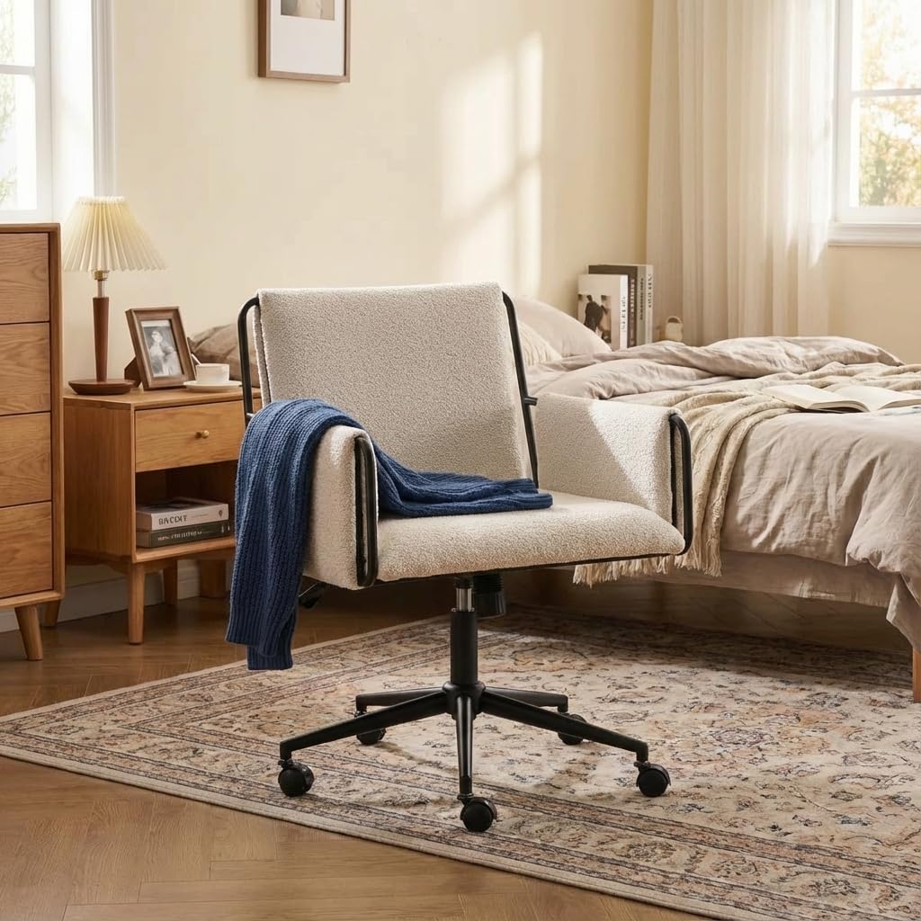 YOUNIKE Wide Seat Home Office Chair, Modern Desk Chair with Comfy Back & Thick Cushion, Fabric, Metal Base, Height Adjustable, Swivel Rolling Task Chair with Wheels for Study/Vanity/Bedroom, Beige