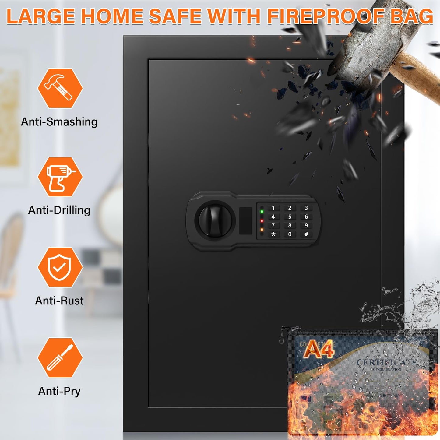 21.65"H Large Safe Box for Home, 5.0 cu ft Anti-Theft Safe with A4 Fireproof Bag, Steel Security Safe with Keypad Lock, Backup Keys, External Power Supply Box, Document Safe for Cash Medicine Document