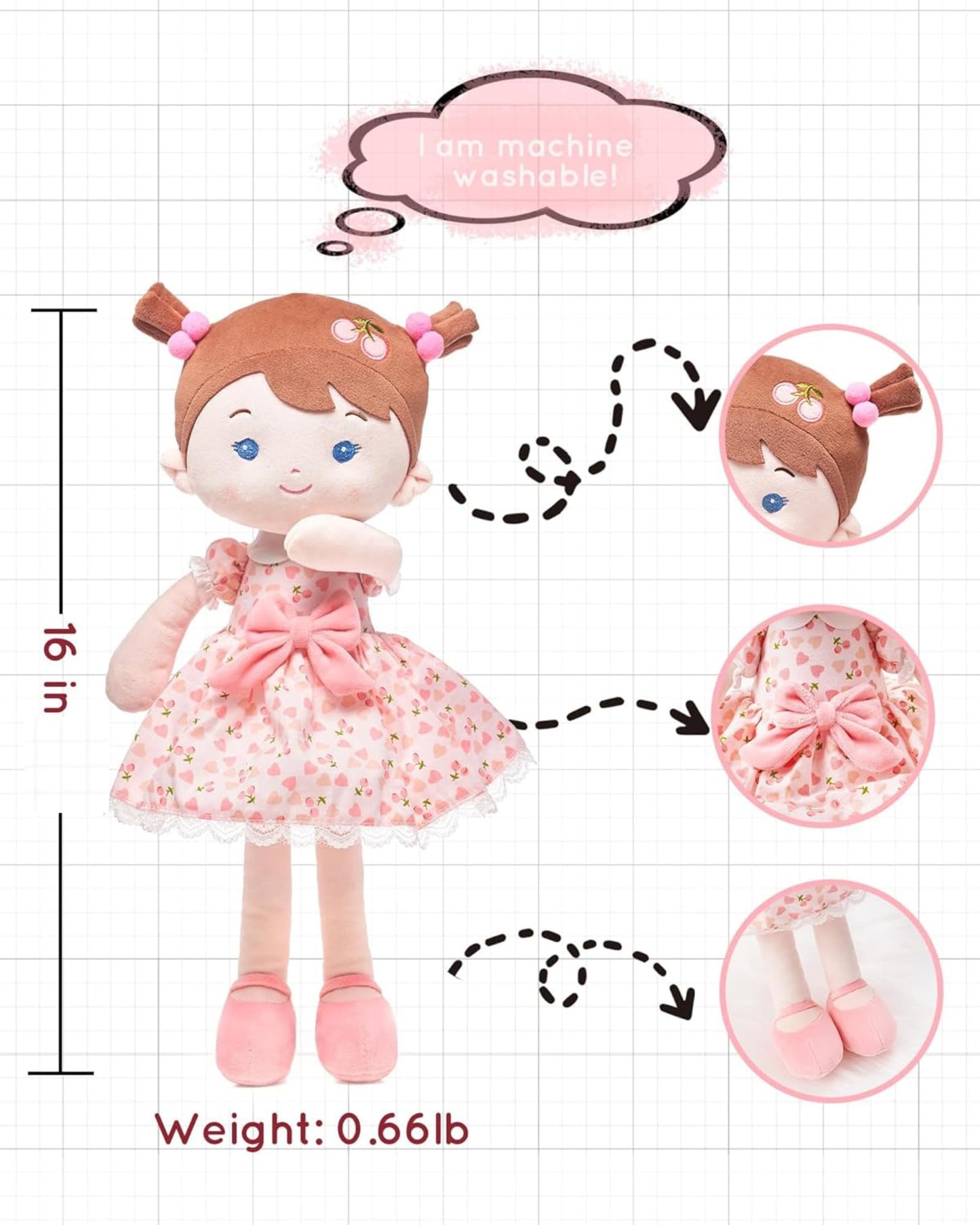 LeyaDoll Soft Baby Doll Toys (16''), My First Baby Rag Doll for 1 Year-Old Girl Birthday Gift,Christmas Plush Toys Gift for Toddler Kids Infants-Cherry