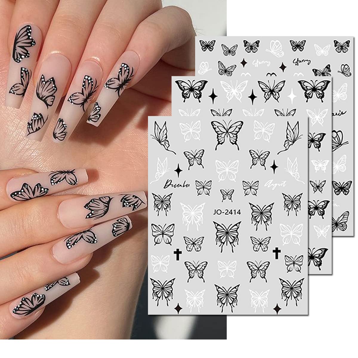 6 Sheets Butterfly Nail Art Stickers Decal 3D Self-Adhesive Nail Decals Holographic Black White Butterflies Star Nail Art Supplies Butterfly Designer Nail Stickers for Acrylic Nails Art Decorations