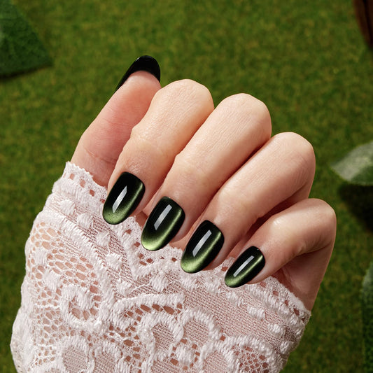 VSALON Press on Nails Short Oval - Dark Green Cat Eye Holographic Glitter Spring Fake Nails, Reusable Opaque Gel Glue on Nails with Glue & Cuticle Oil - 32 PCS Stick on Nails in 16
