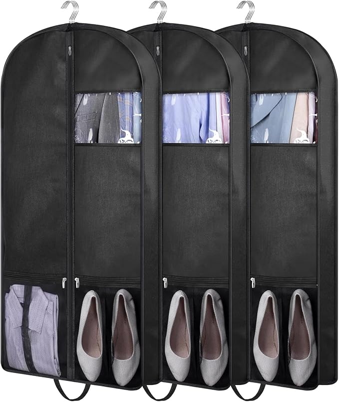 KIMBORA 43" Suit Bags for Closet Storage and Travel, Gusseted Mesh Hanging Garment Bags for Men Suit Cover With Handle for Clothes, Coats, Jackets, Shirtsï¼3 Packsï¼Blackï¼