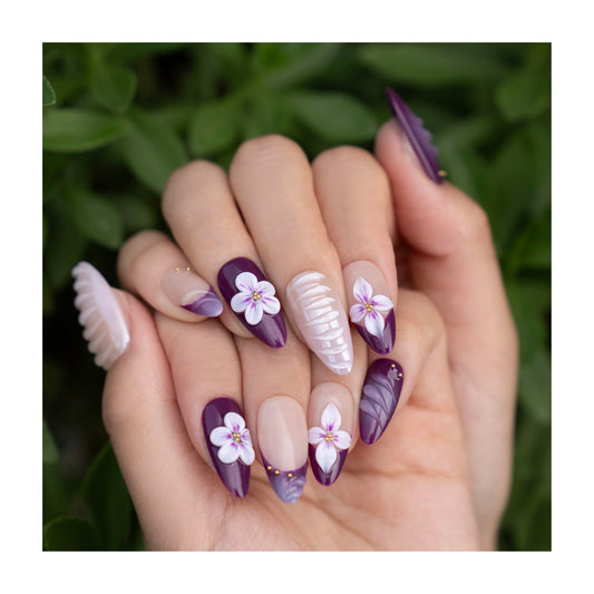 Almond Purple French Press on Nails, Fake Nails with 3D Flower and Shell Texture, Reusable Handmade Elegant False Nails for Women (L)