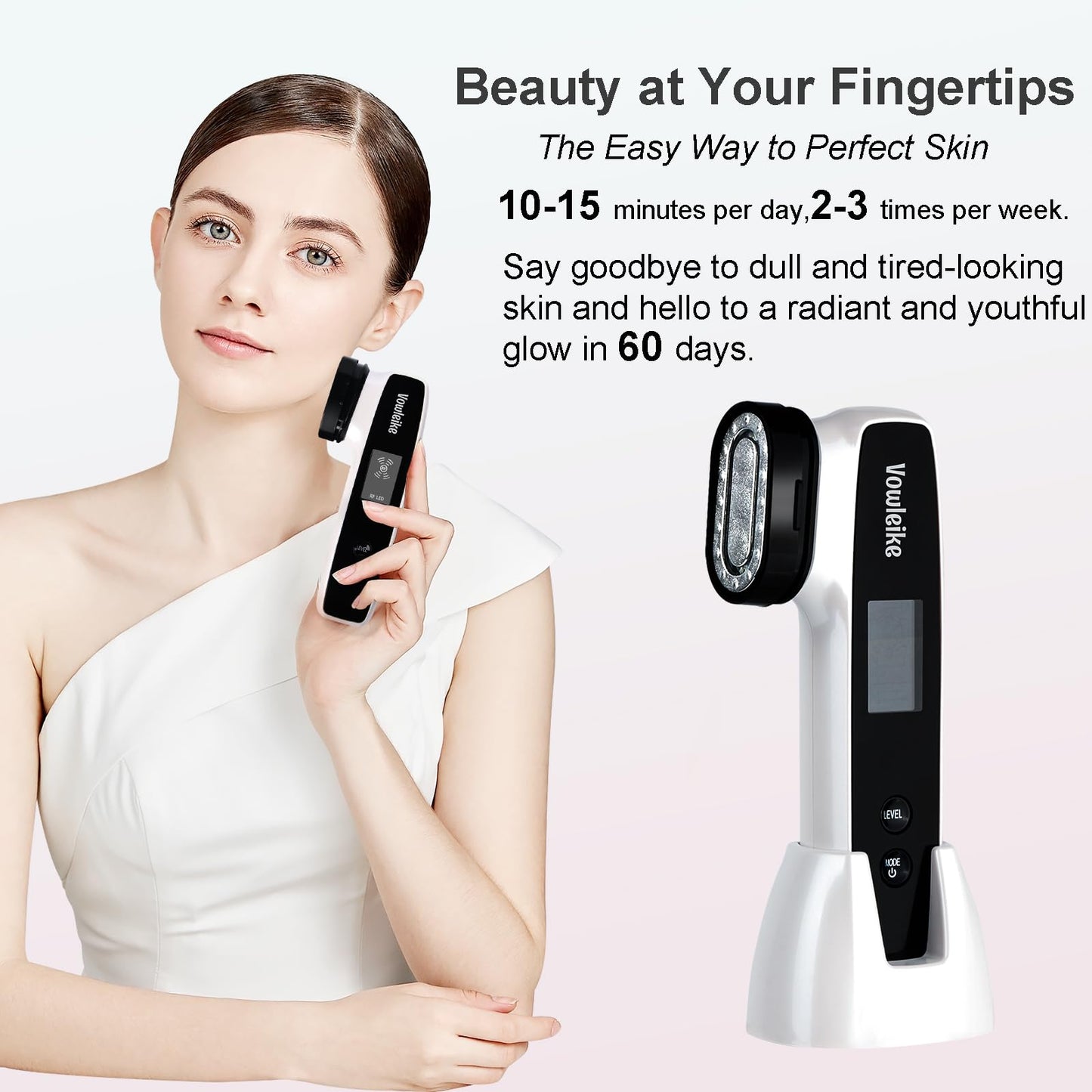 Microcurrent Facial Device, Vowleike 10 Key Benefits Skincare Face Massager with Stand, Rechargeable 6 in 1 Vibrating Facical Tool for Neck, Face and Body for Women, Ivory White
