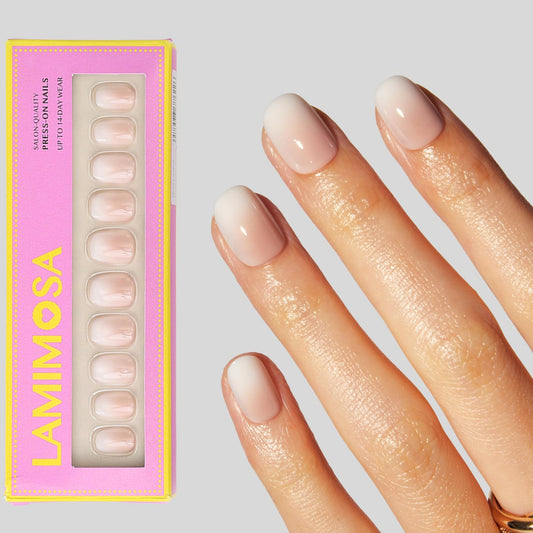 LAMIMOSA 32Pcs Press On Nails Short Round - Ombre Fake Nails with Glue, Soft Gel Nails in 16 Sizes, Reusable Glue on Nails kit, CAPPUCCINO
