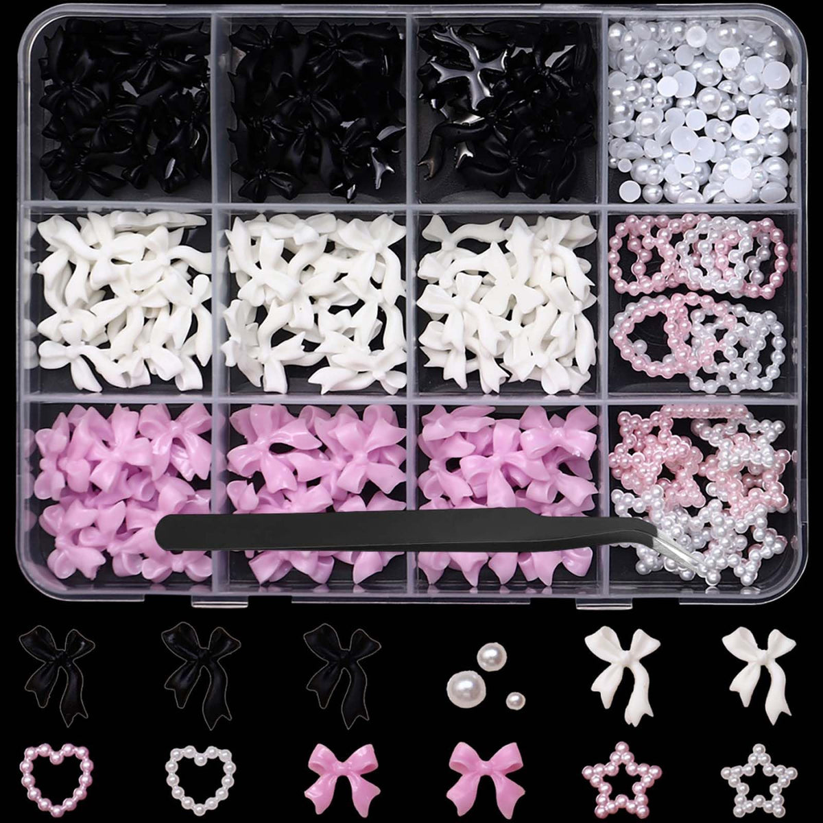 Bow Nail Charms 3D Resin Pink White Black Nail Gems Cute Silver Pearl Beads Nail Jewels Shiny Star Hearts Bowknot Nail Art Supplies for Women DIY Acrylic Nail with Tweezers 12 Grids 1 Box 12 Styles