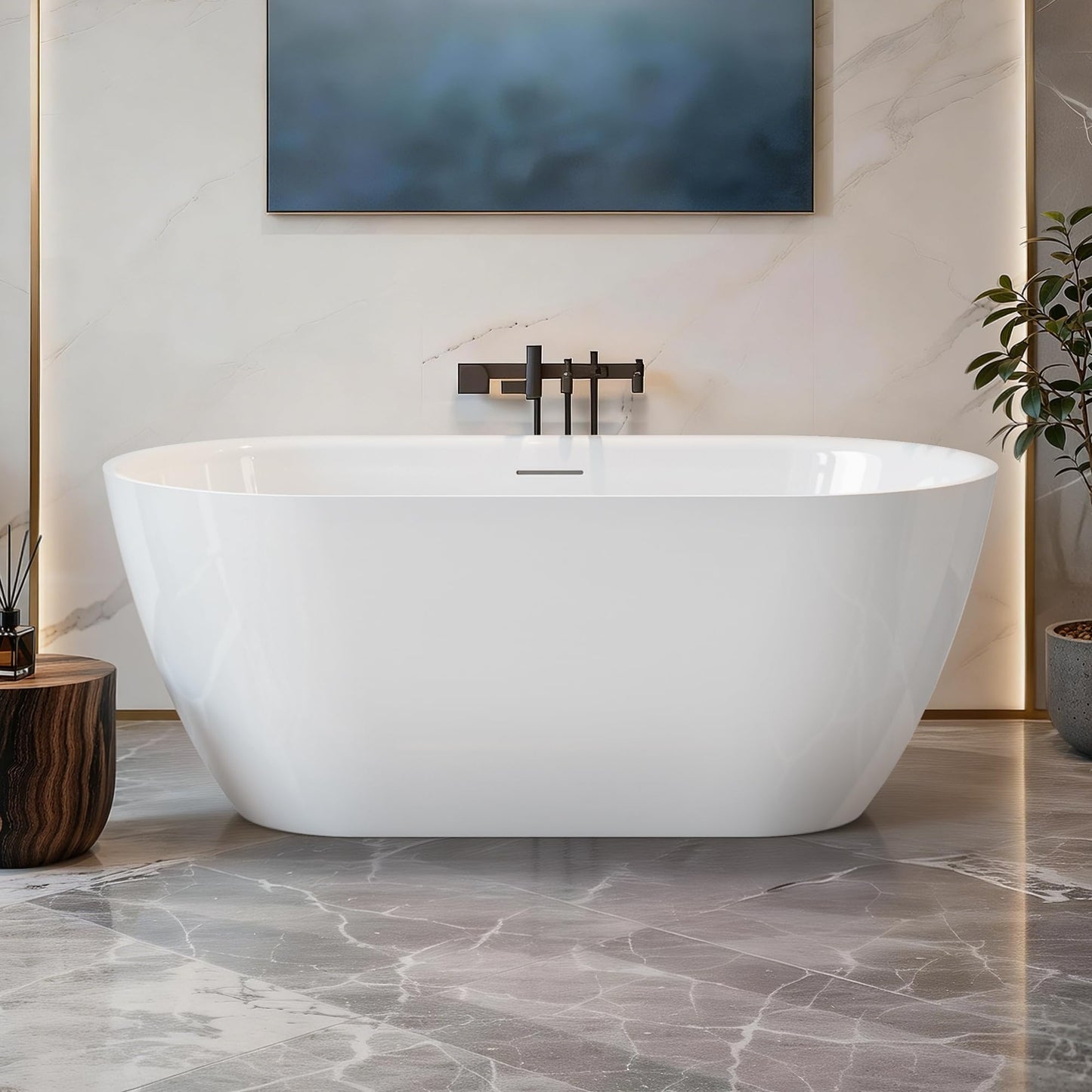 59" Freestanding Bathtub, Modern Oval Acrylic Soaking Tub with Overflow & Pop-up Device Function, cUPC Certified Deep Standalone Tub, Double-Walled Insulation, White