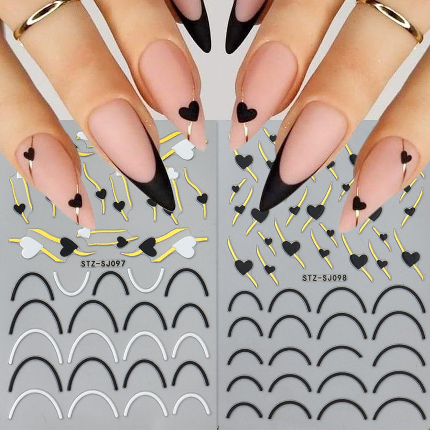 Heart Nail Art Stickers - Valentine's Day Nail Stickers White Black Heart Nail Decals 3D Valentine's Nail Supplies Love Gold-Stamped Lines French Adhesive Decal for Women Girl Nail Decoration 2Sheets