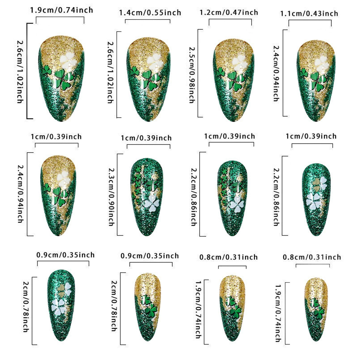 IMRAIN Press on Nails Medium Almond Fake Nails Green Golden Sequins, Clover Designs Glossy Glue on Nails Full Cover Stick on False Nails
