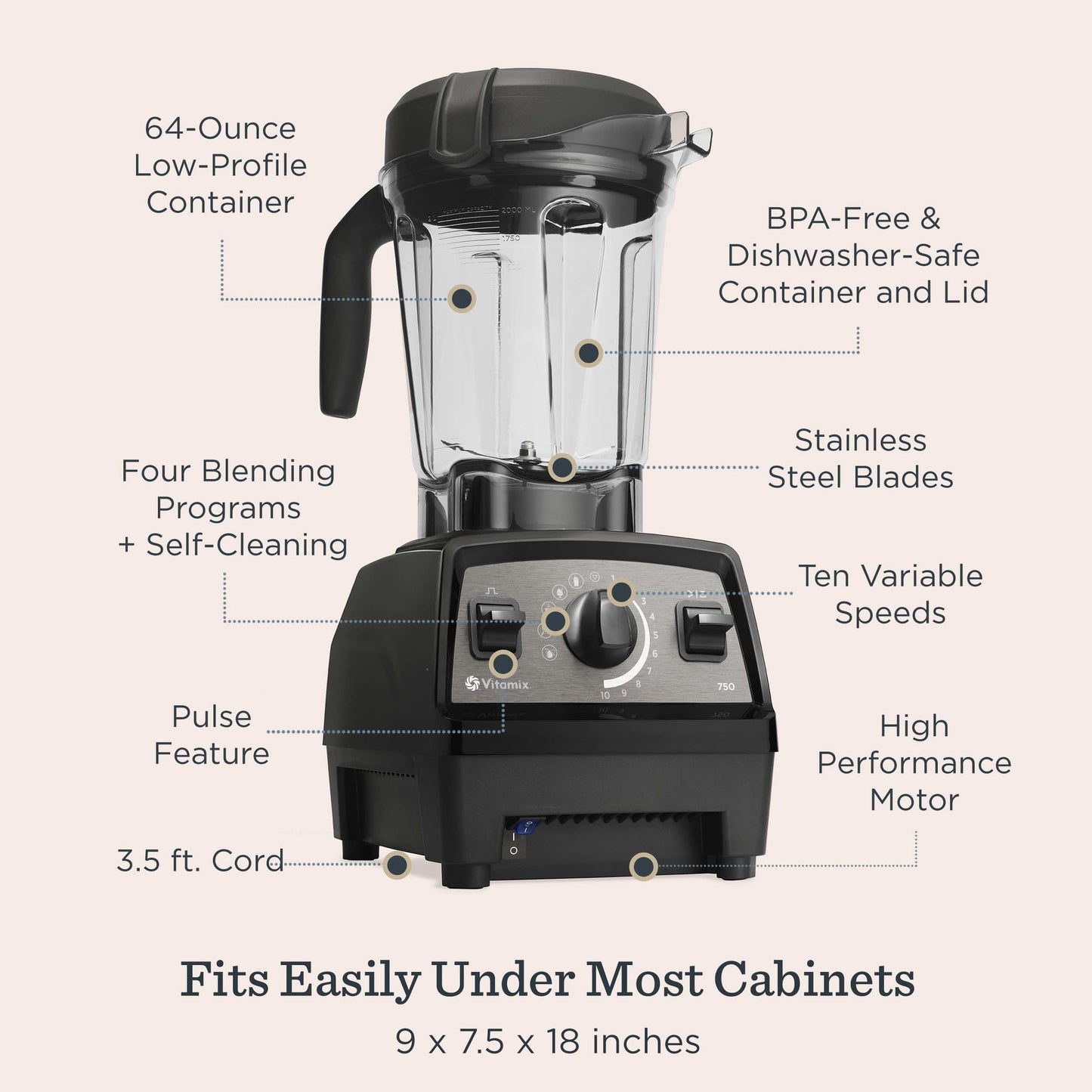 Vitamix Propel Series 750 Blender with Four Blending Programs, Self-Cleaning Program, Professional-Grade Blender for Smoothies, Soups and More, Stainless-Steel Blades, 64 Oz Container, Slate