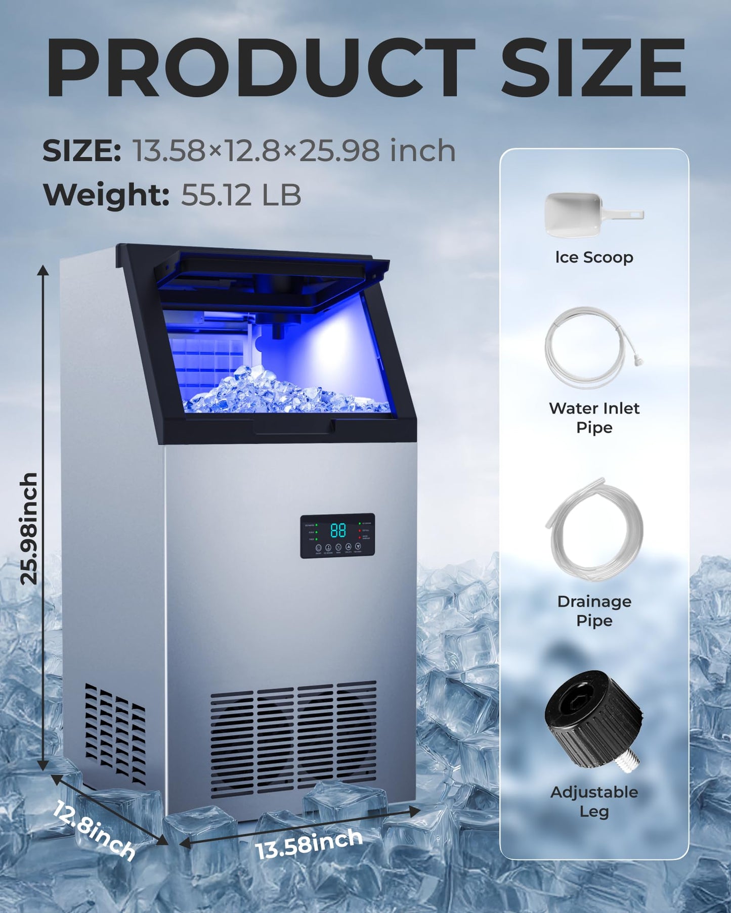 Quyndor Commercial Ice Maker Machine 120LBS/Day, Undercounter Ice Makers30LBS Storage Bin and 45 Ice Trays, Icemaker Machine Double Water Inlet with Water Line, Ice Scoop