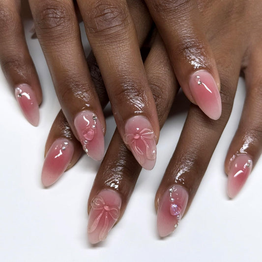 Mivota Pink Ombre Soft Gel Press On Nails 24PCS – 3D Bow Almond Fake Nails with Rhinestones, Glossy Reusable Glue On Nails for Women, Salon Quality Cute Natural Gradient Nail Tips