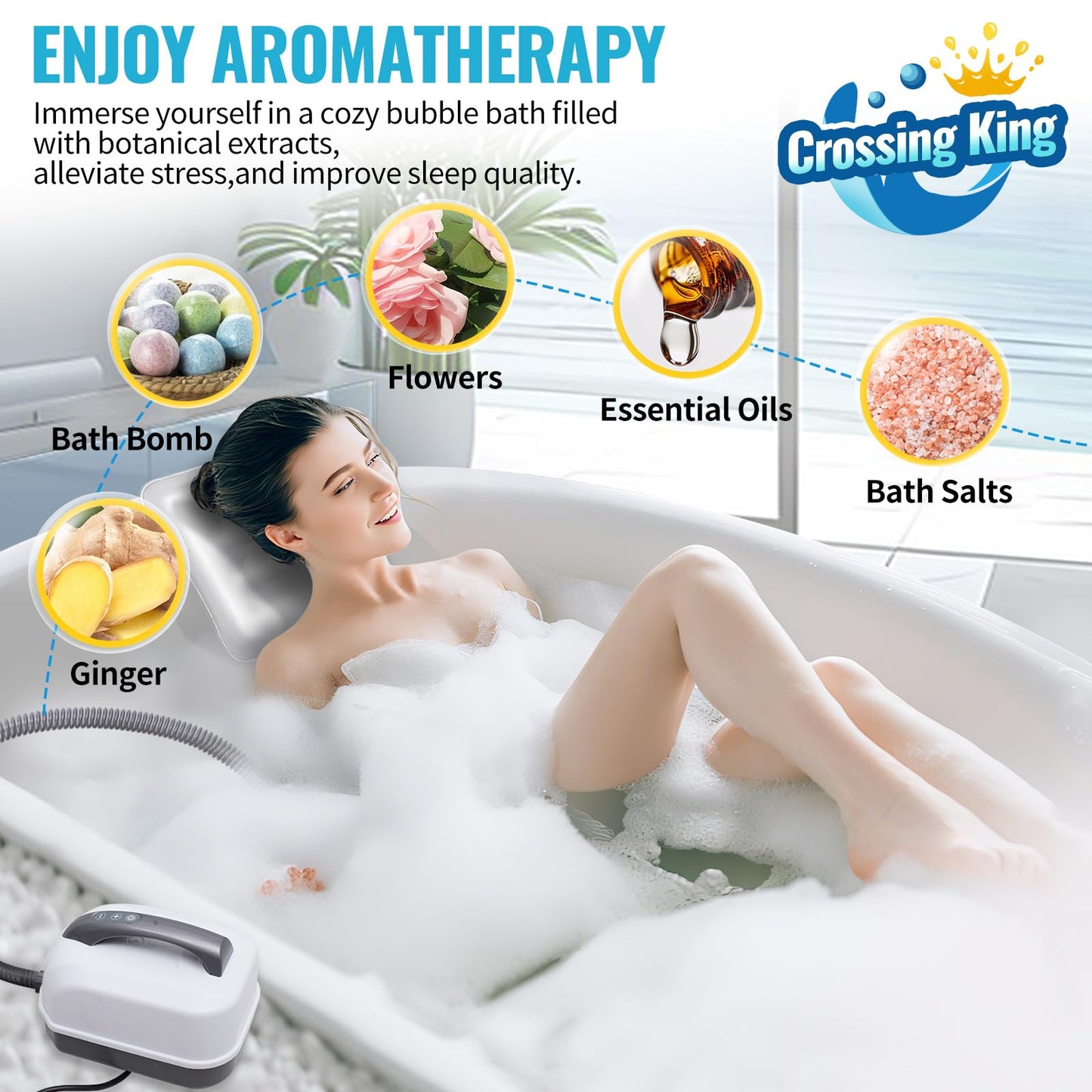Crossing King Bubble Bath Mat Tub Spa Massager, Portable Spa Bubble Bath Massager with Upgraded Powerful Suction Cup, Electric Air Pump, Pillow and Remote Control for Relaxation 45 * 17in (Grey)