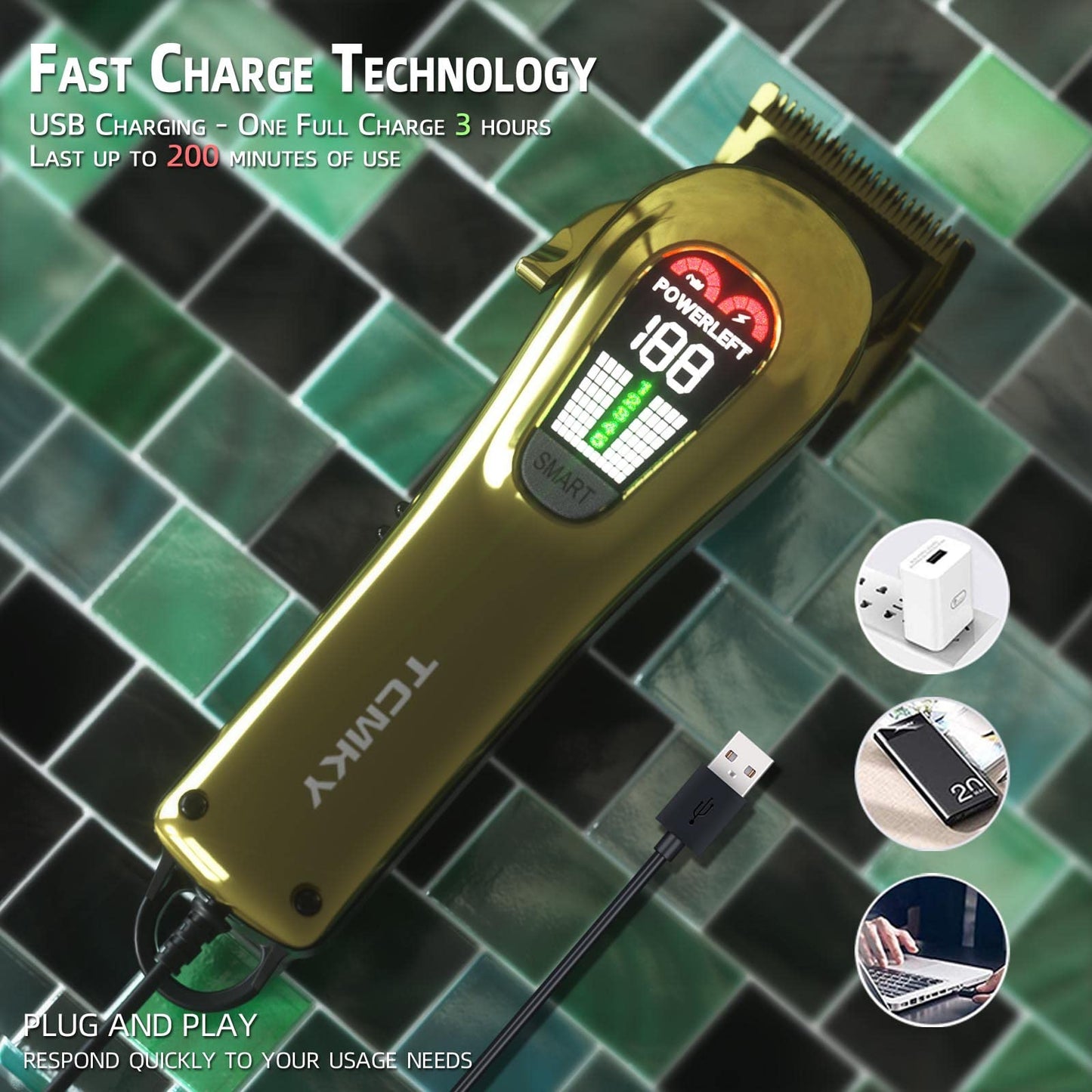 TCMKY Hair Clippers for Men Professional Hair Trimmer for Men Cordless&Corded Barber Clippers for Hair Cutting & Grooming.Rechargeable Hair Trimmer Kit for Household (Golden)