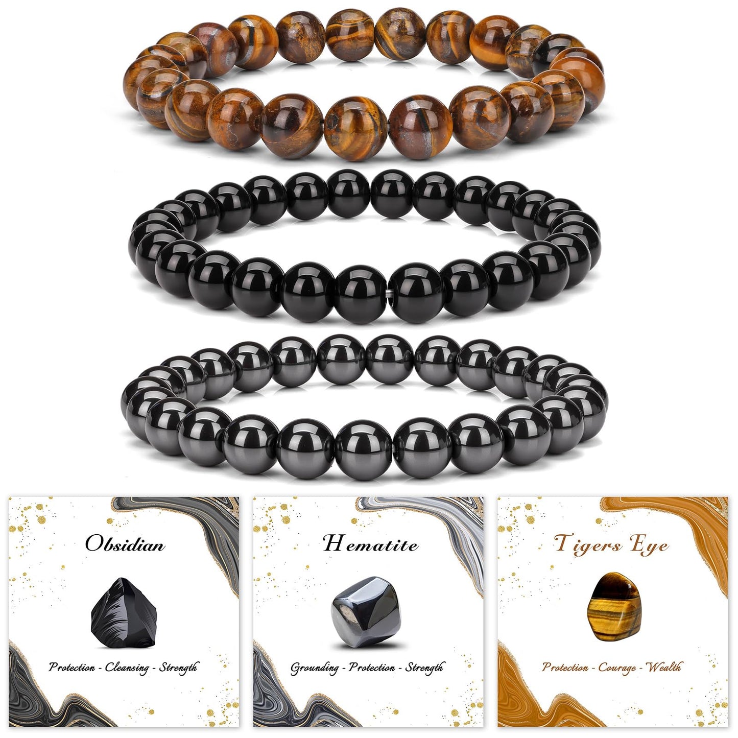 Pendlixy 3PCS Healing Crystal Bracelets for Women & Men, 8mm Tiger Eye Hematite Obsidian - Natural Stone Beaded Stretch, Spiritual Jewelry Gift Set for Reiki Protection