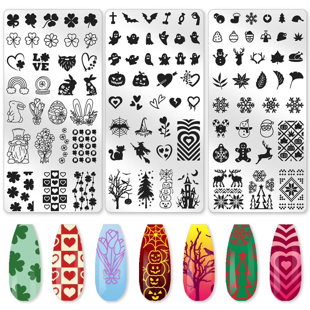 beinkmake 3Pcs Holiday Nail Stamping Plate Set Seasonal Halloween Christmas Nail Stamp Templates Valentine St. Patrick's Day Metal Reusable Tools with Stamper Scraper for Manicure Printing