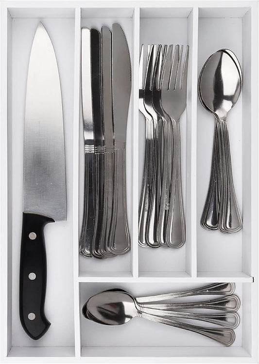 Pristine Bamboo Kitchen Drawer Organizer - Drawer Utensil Organizer and Cutlery Tray - Flatware and Silverware Holder (5-Slots, White)