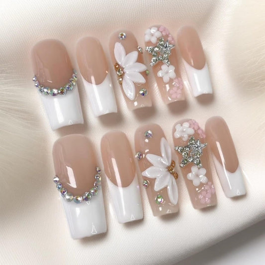 Luxury Press on Nails Long Square Handmade 3D Unique Reusable ABS Material Fake Nails French Tip False Nails with Rhinestones Flower Stars Designs Elegant Glossy Glue on Nail Thick Acrylic Nail(S)