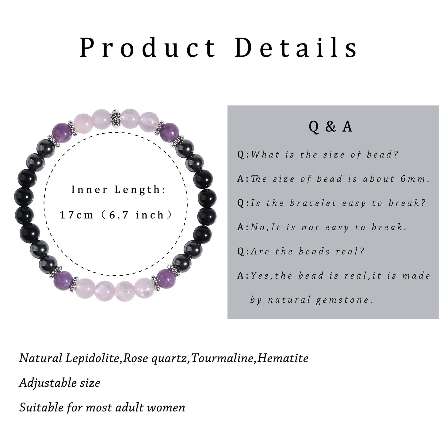 Gracayfr Anxiety Relief Bracelet Empath Protection Black Tourmaline Hematite Lepidolite Rose Quartz Healing Crystal Grief Support Items Jewelry Halloween Christmas Day Gifts For Women Lepi Ros