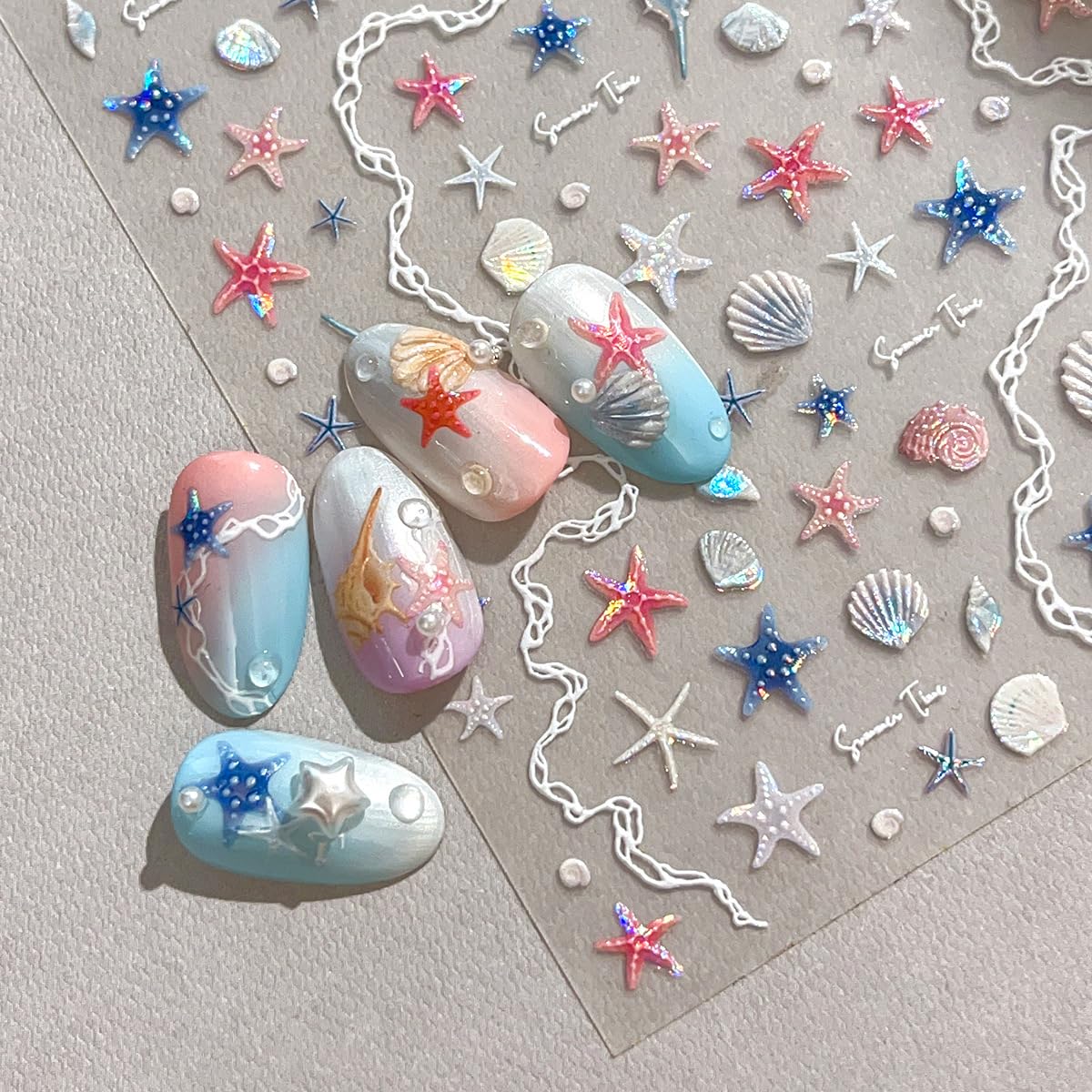 Summer Nail Art Stickers Shiny Shells Starfish Nail Decals Mermaid Conch Beach Design 5D Embossed Self Adhesive Nails Supplies Summer Sea Theme Nail Art Decoration for Women Manicure Accessories,2Pcs