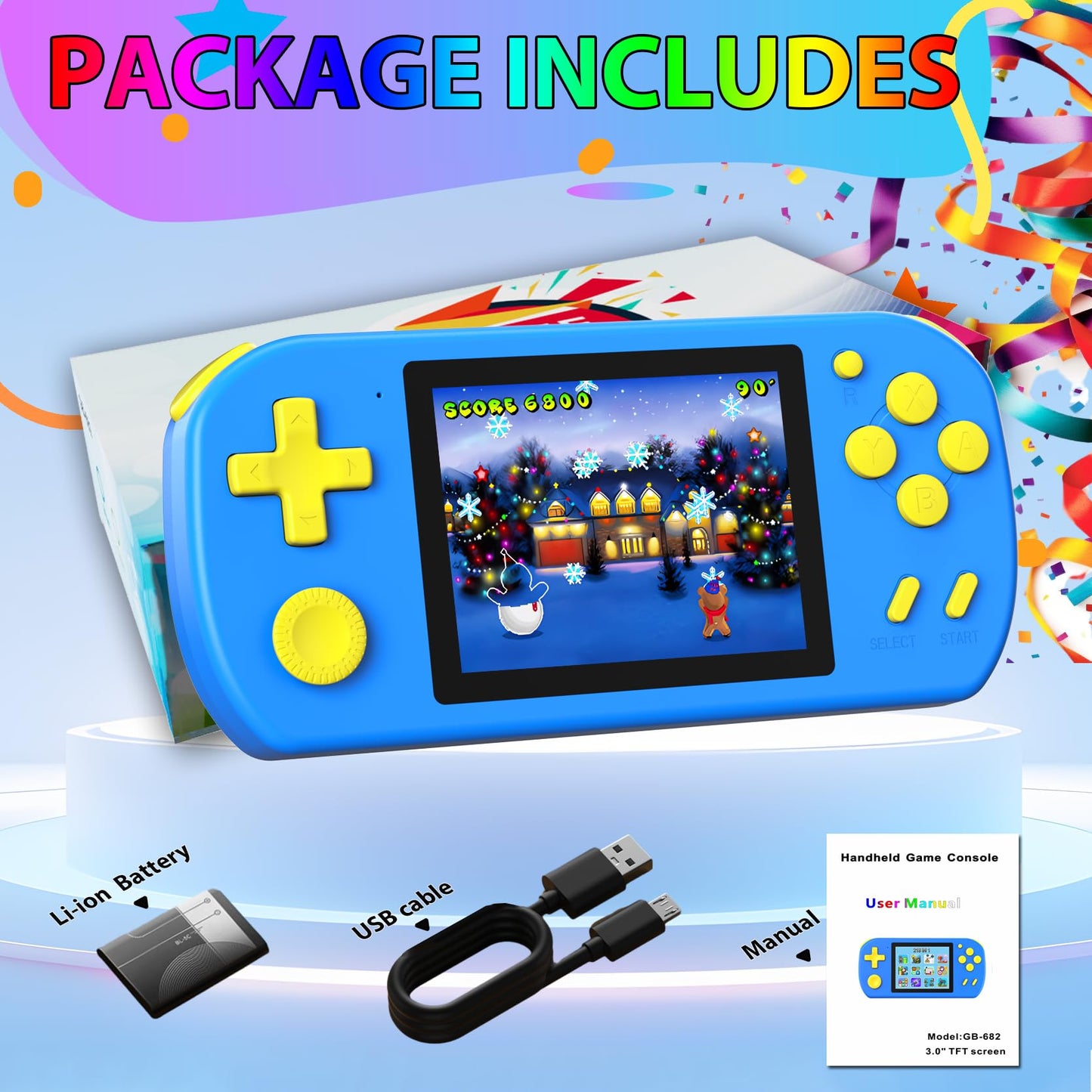 TEBIYOU Handheld Games for Kids Built-in 218 Video Games, Portable Kids Travel Toys for Ages 4-13 with Rechargeable Battery 3.0" HD Screen, Mini Gaming Player Birthday Gifts for Boys Girls (Blue)
