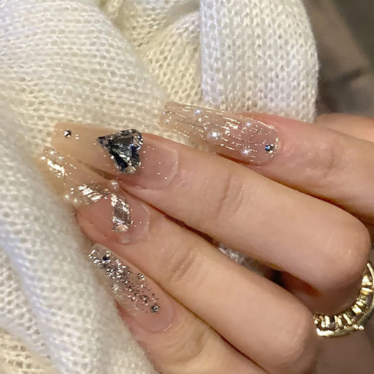 Press on Nails Square Medium Length, Artificial Acrylic Fake Nails with Heart Rhinestone Pearl Designs, 24Pcs Full Cover Reusable Coffin False Nails, Women Glue on Nails, Stick on Nails for Nail Art