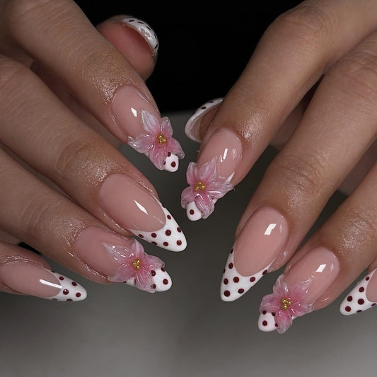 Almond Press on Nails Long Fake Nails French Artificial Nail Pink Floral Designs Cute Stick on Nail for Women 24pcs