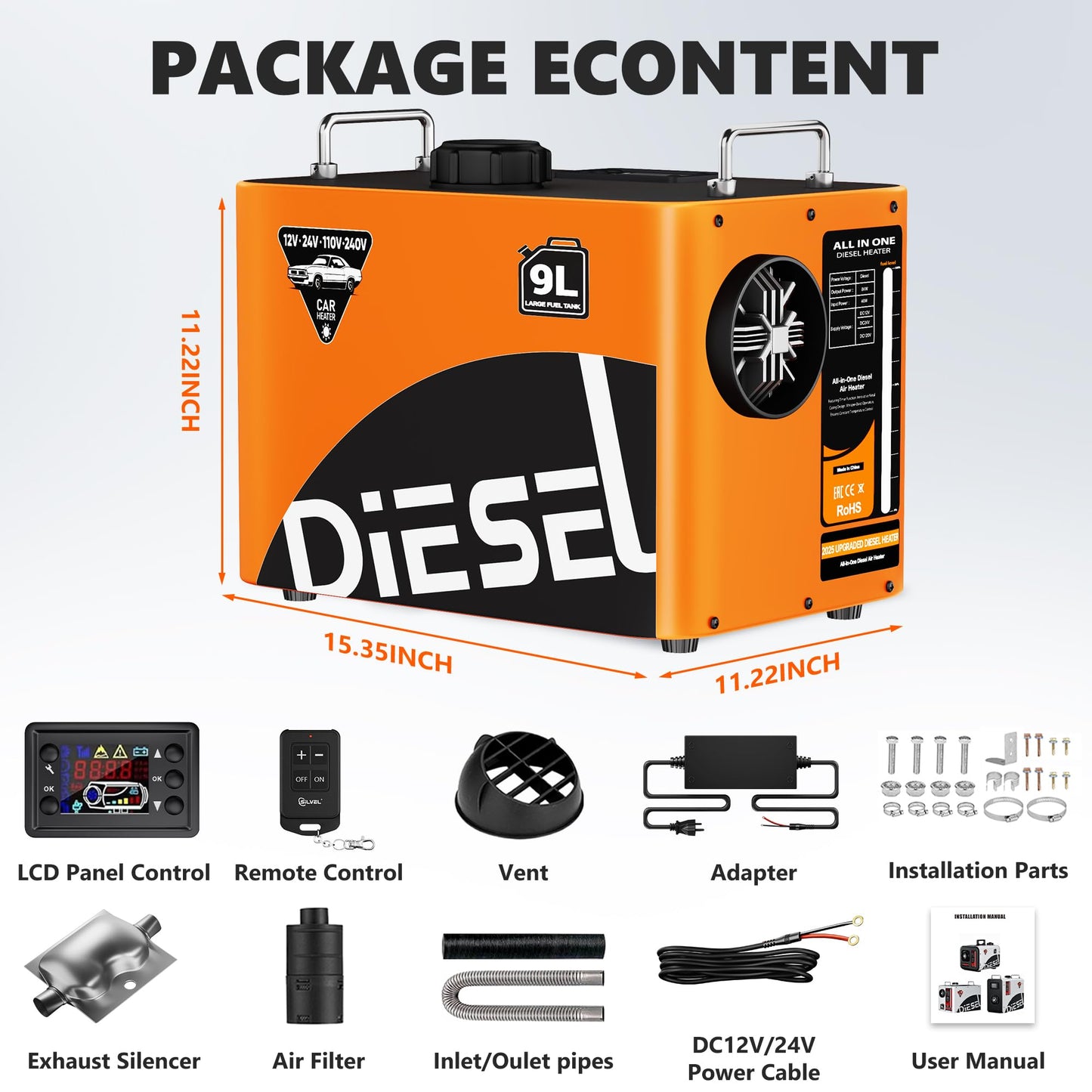 SILVEL Diesel Heater 8KW 110V/12V/24V, All-in-One 9L-10L Portable Diesel Air Heater with LCD Screen, Remote Control, Suitable for Car, Camper, RV, Truck, Home, Garage, Shop, Boat, Orange