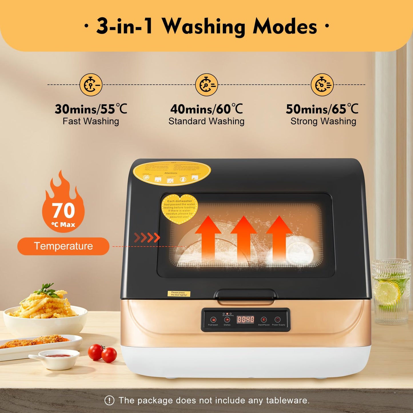 HZOPUTLH Portable Countertop Dishwasher, 3-in-1 Washing Modes Portable Washer for 4-6 Sets (12-20 Pieces of Tableware), Mini Dishwasher with 360° Rotating Spray for Washing Dishes, Vegetables Fruits