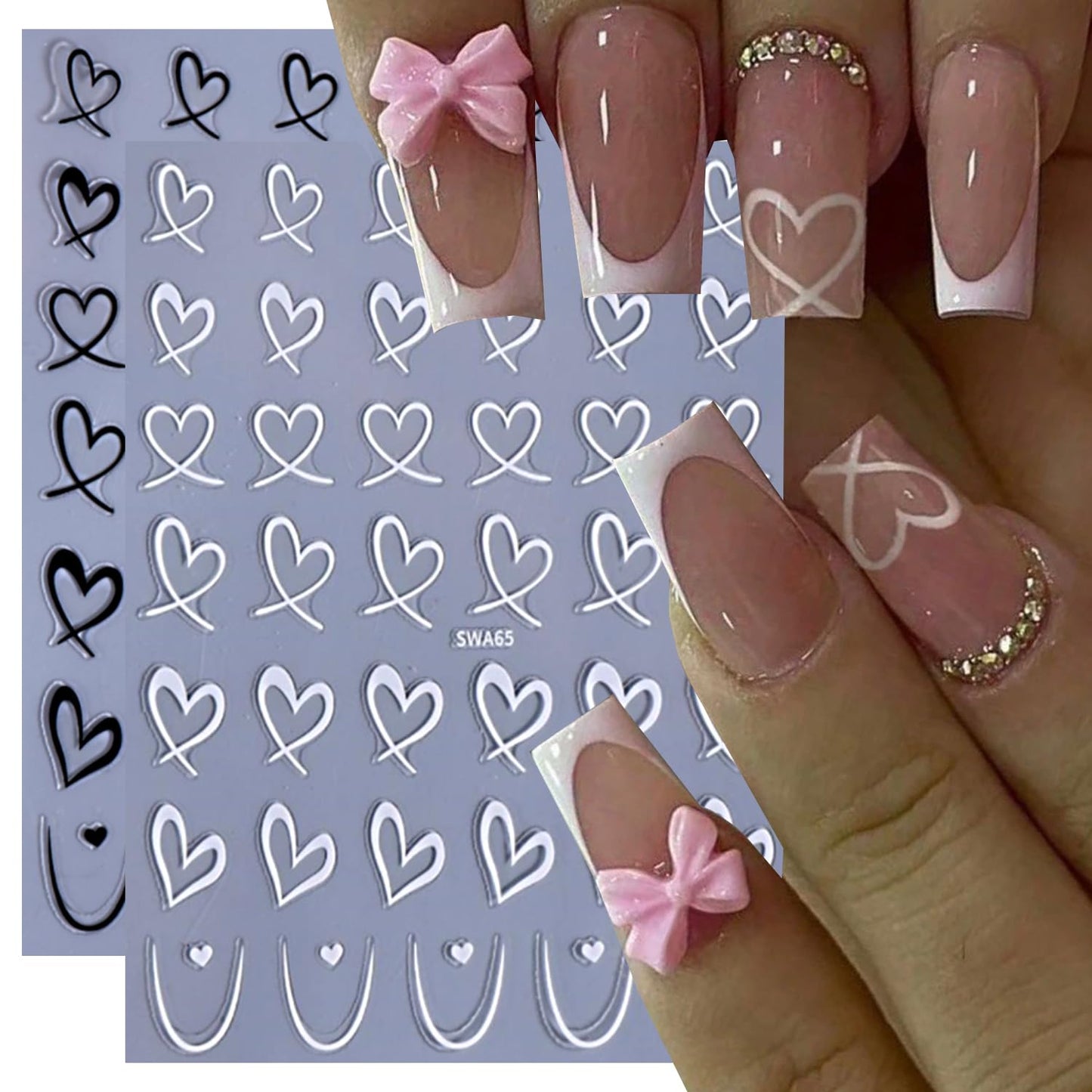 Heart Nail Stickers - Wavy Line Nail Design 3D Self-Adhesive Love Hollow Peach Heart Shaped French Sticker for Women Valentine Gift Nail Decoration