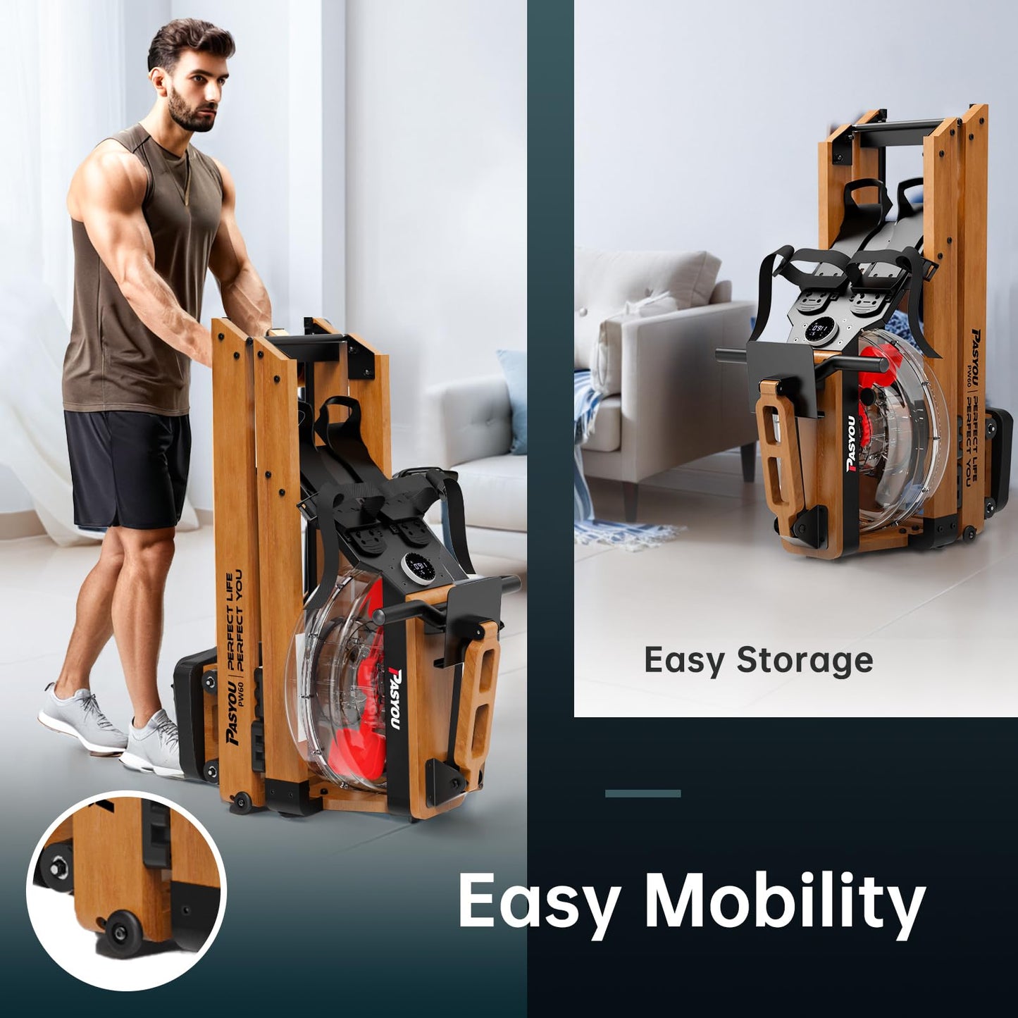PASYOU Water Rowing Machines for Home Oak Wood Foldable Rower Machine 350LB Weight Capacity, 6 Levels Adjustable Row Machines with Monitor & Tablet Holder & 14L Tank, Bluetooth with Kinomap APP