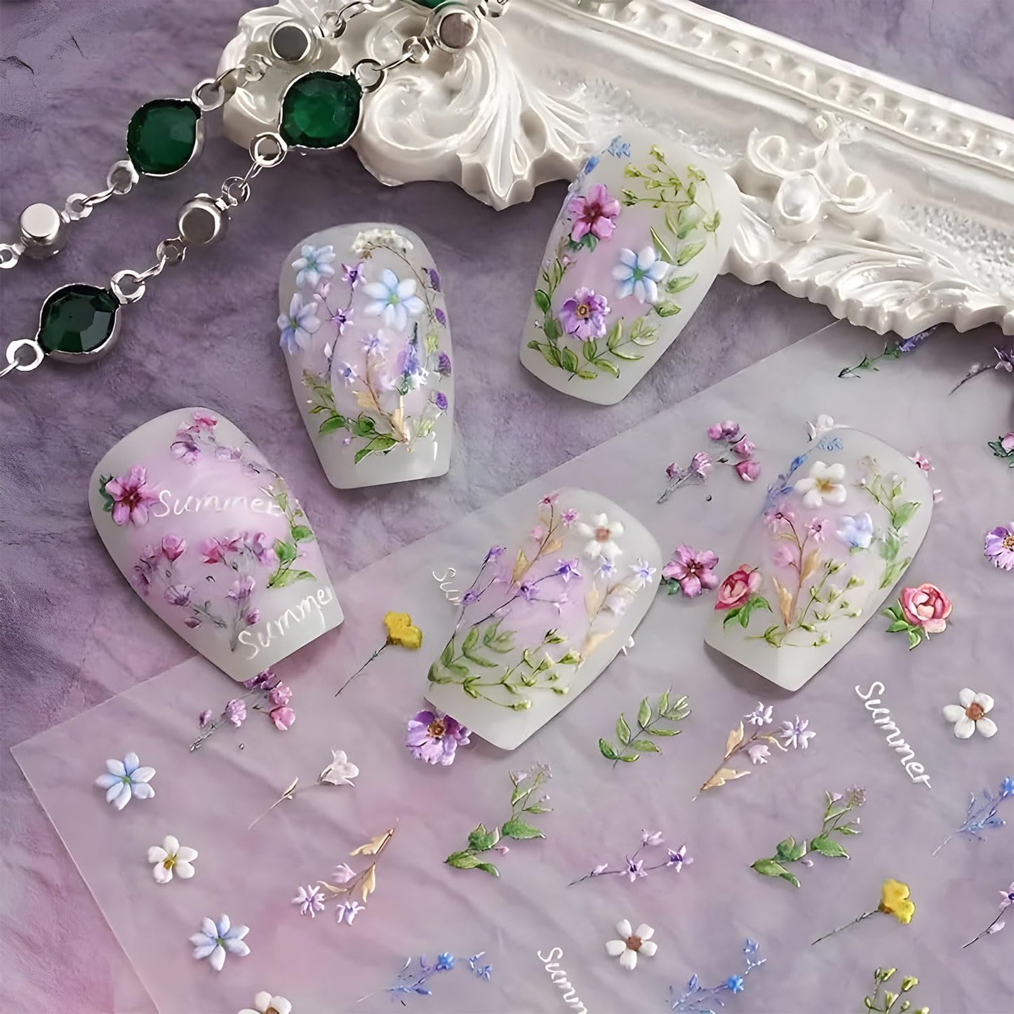 2 Sheet Flower Nail Art Stickers 5D Embossed Nail Decals Purple Floral Nail Stickers for Women Spring Summer Manicure Supplies