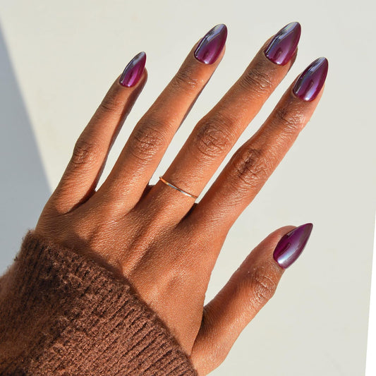 Glamnetic Press On Nails - Short Almond Fake Nails, Deep Purple Glazed Nails, Jam Drizzle | 15 Sizes - 30 Nail Kit with Glue | Gift for Mom