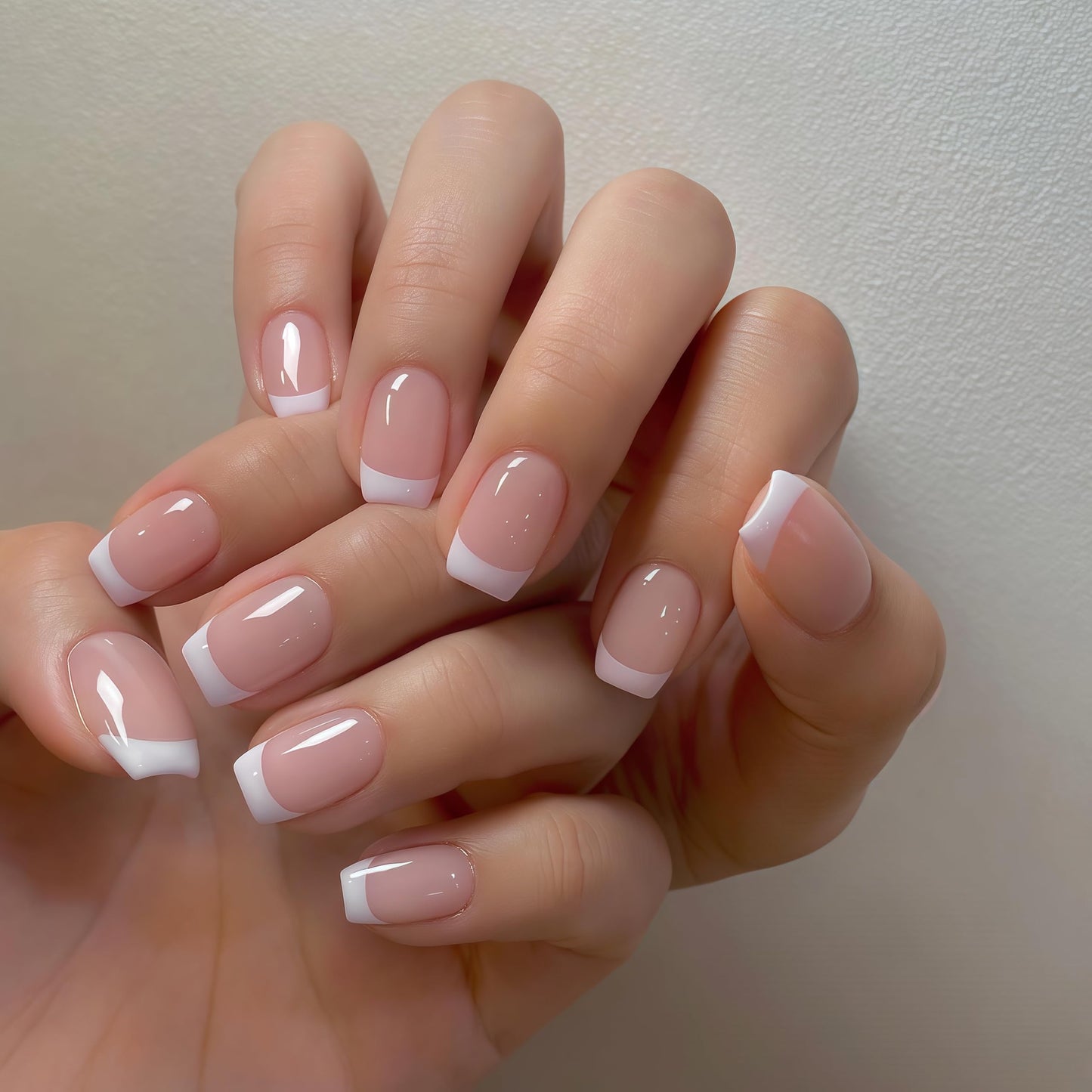 White French Tips Press on Nails Medium Square Spring Summer French Designs Glossy Acrylic Artificial Fake Nails for Women Girls Daily Wear Manicure Decoration 24Pcs