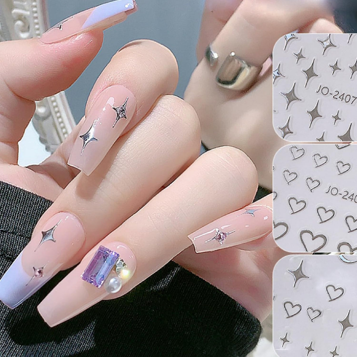6Sheets Heart Star Nail Art Stickers 3D French Silver Glitter Nail Decals Designer Nail Supplies Metallic Silver Star Love Hearts Nail Designs Sticker for Women DIY Nail Decorations Accessories Crafts