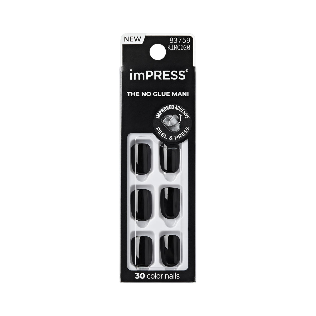 Kiss Impress No Glue Mani Press On Nails, Color, 'All Black', Black, Short Size, Squoval Shape, Includes 30 Nails, Prep Pad, Instructions Sheet, 1 Manicure Stick, 1 Mini File