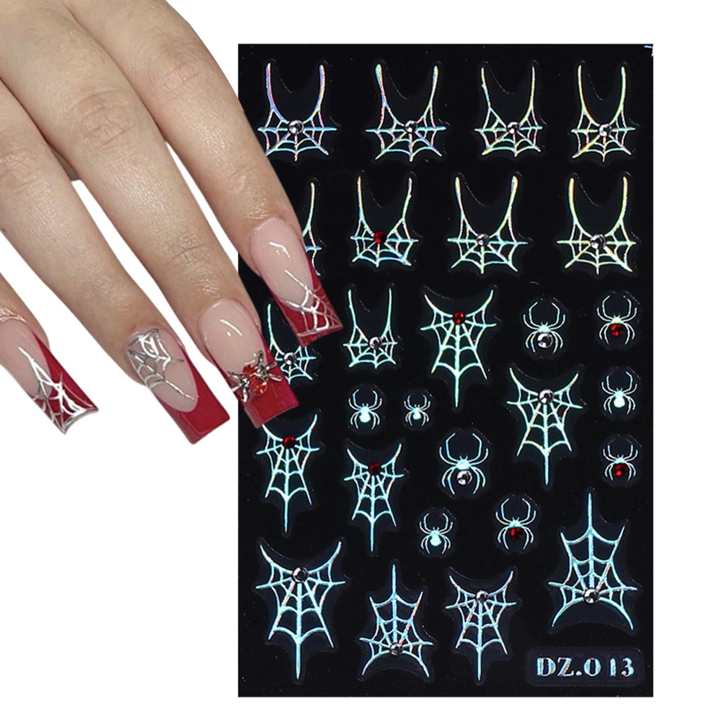 4 Sheets 5D Embossed Halloween Nail Art Stickers Self-Adhesive French Tip Spider Web Nail Decals Laser Gold Silver Rhinestones Spider Nail Designs Stickers Holiday Nails Decoration for Women DIY