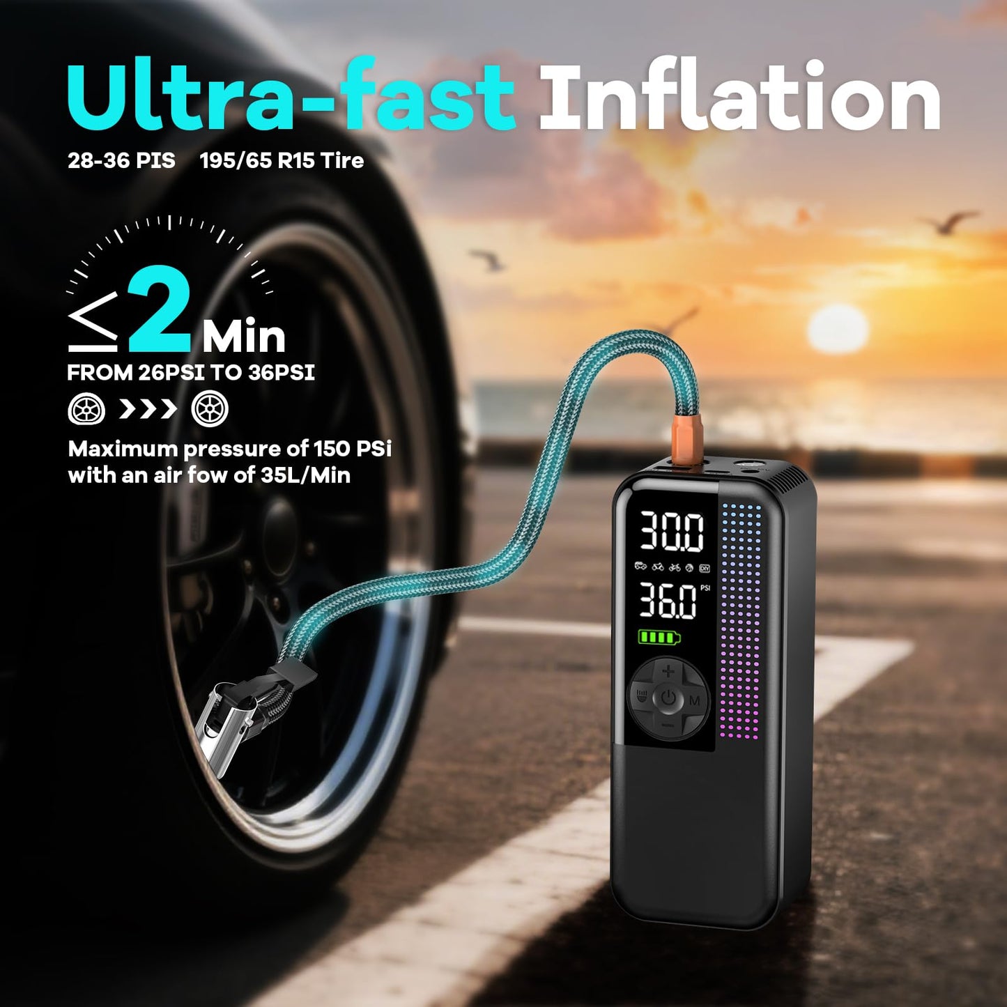 WEOLULI Tire Inflator Portable Air Compressor,150 PSI Cordless Air Pump, 12V DC Car Plug,Dual Power 10000mAh, Fast Inflation 24L/Min, 4 Preset Modes for Car, Bike, Motorcycle, Balls (Black, 10000mAh)