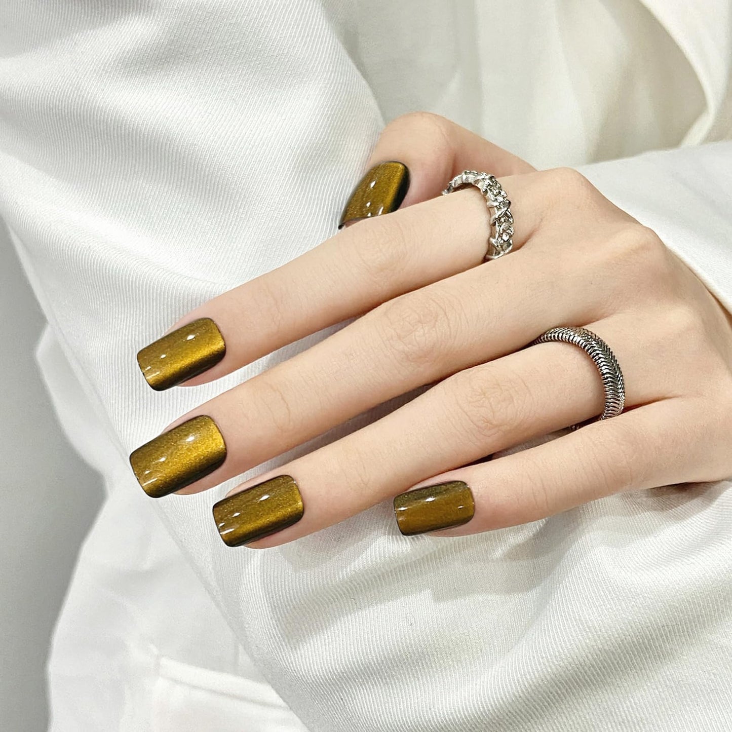 Yellow Cat Eyes Press On Nails,12 Sizes - 24 Pcs Soft Gel Yellow Medium Square Fake Nails Kit with Nail Glue, Natural Reusable Stick On False Nails for Women and Girls (Skycloud Nails) SK0926