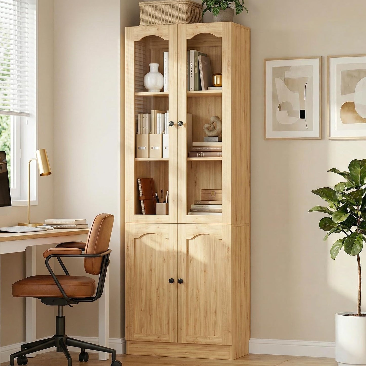 Cyclysio 80" Tall Pantry Cabinet with 4 Doors, Natural Oak Kitchen Pantry Storage Cabinet with Built-in Baseboard Notch & Adjustable Shelves – Kitchen Storage Cabinet for Dining, Living, Office