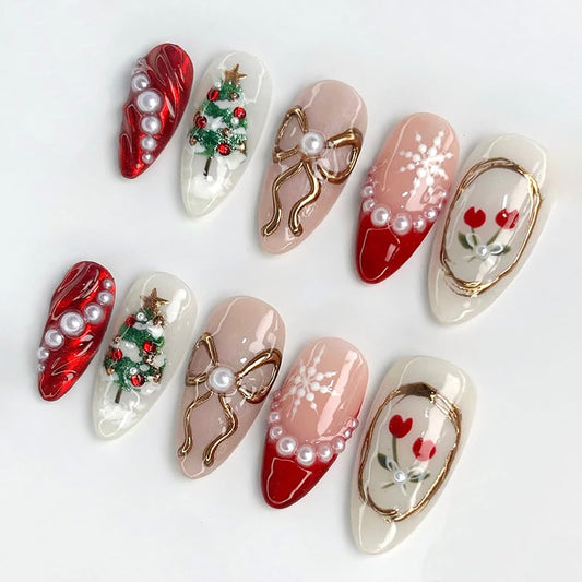 30Pcs Christmas Press on Nails Medium Almond French Tip Fake Nails Xmas Trees Flower False Nails with 3D Pearl Red Gems Gilding Bow Design Full Cover Glue on Nails Artificial Stick on Nail for Women
