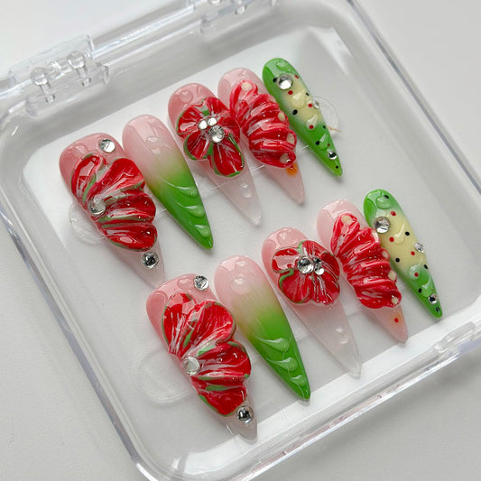 Luxury Press on Nails Long Stiletto Handmade 3D Unique Reusable ABS Material Fake Nails False Nails with Designs Red Floral Rhinestones Glossy Glue on Nail Thick Acrylic Nail(M)