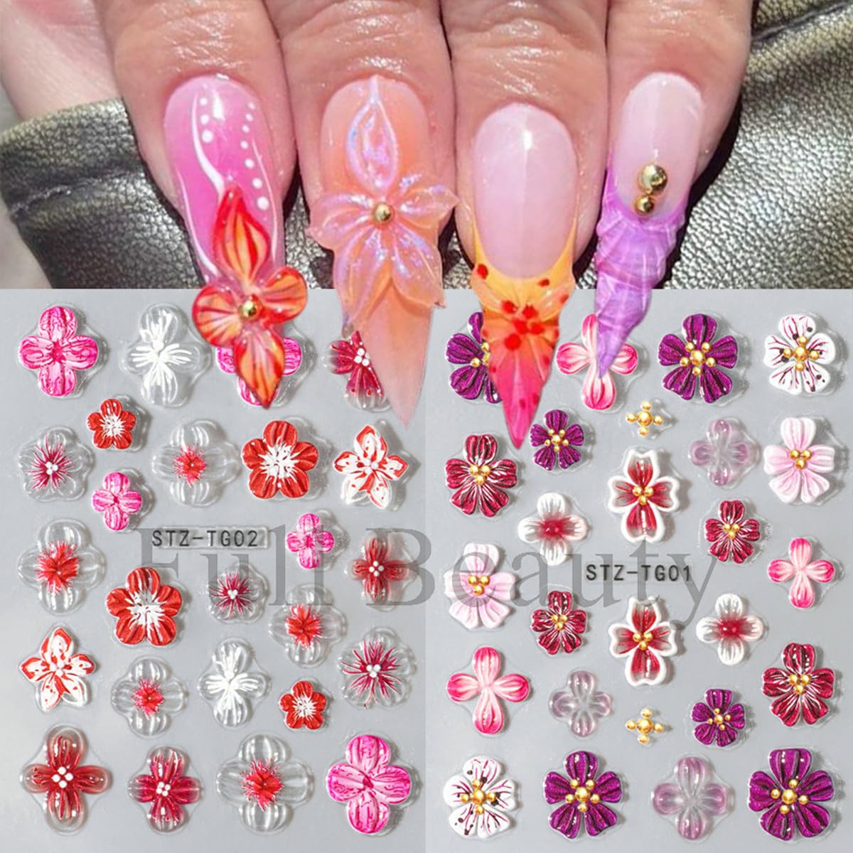 Flower Nail Stickers 5D Embossed Self Adhesive Hibiscus Floral Nail Decals Purple Flower Nail Charms Nails Design Pegatinas para Uñas for Women Nail Art Decoration 3 Sheet