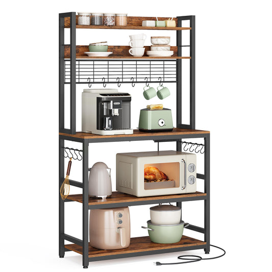 VASAGLE Bakers Rack with Power Outlet, Microwave Stand, Kitchen Tall Utility Storage Shelf, with Metal Wire Panel, 14 Hooks, 15.7 x 31.5 x 66.9 Inches, Rustic Brown and Ink Black UKKS025B01