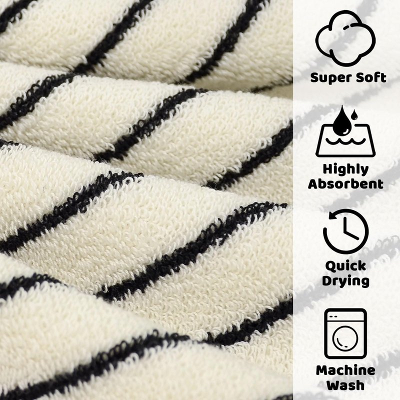 Jacquotha Striped Cotton Washcloths 12 Pack, 13” x 13” - Soft Wash Cloths for Bathroom, Kitchen, Gym, Face, Black and Cream
